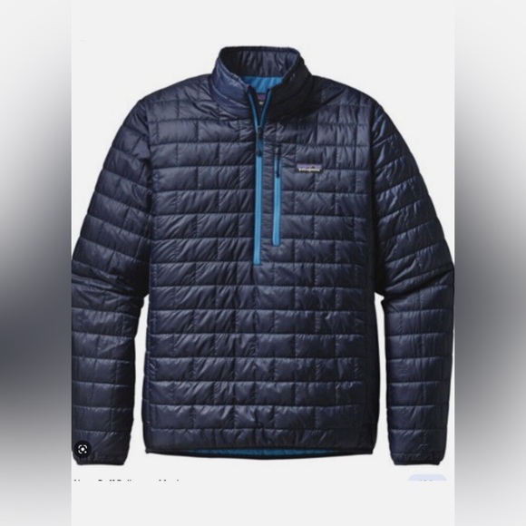 Patagonia Jackets & Blazers - Patagonia Womens Navy Blue Quilted Pullover with Light Blue Trim